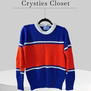 Logan Knitting‎ Mills Vintage Sweater Blue Orange White Stripe Pullover Men L